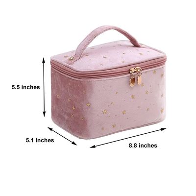 Bolsa de maquillaje de terciopelo con asa Bolsa de maquillaje con soporte para brochas de maquillaje Bolsa de maquillaje de viaje rosa