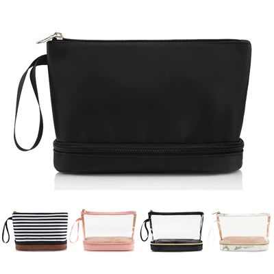 La prenda impermeable negra de la moda dos señoras cosméticas Carry On Clutch Makeup Bag de la bolsa de la capa con el cepillo organiza