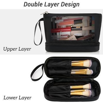 La prenda impermeable negra de la moda dos señoras cosméticas Carry On Clutch Makeup Bag de la bolsa de la capa con el cepillo organiza