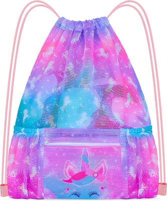 Mesh Drawstring Backpack Bag con el bolso de la playa del bolsillo con cremallera para el bolso del almacenamiento del gimnasio de la mochila del engranaje que nada para los niños