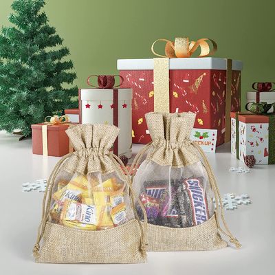 Bolsas escarpadas de la joyería del bolso del regalo del lazo de los bolsos de la arpillera durable ligera para el favor de banquete de boda del caramelo