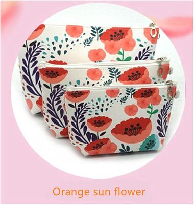 Cuero cosmético impermeable de alta calidad de la PU de la capacidad grande del bolso, cuarto de baño, almacenamiento (3 tamaños) (flor anaranjada del sol)