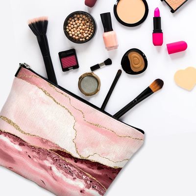 Bolsos cosméticos divertidos del maquillaje del bolso de la prenda impermeable linda de la lona para el mármol Bolsa-rosado Makeu del artículo de tocador del viaje de la cremallera de las mujeres