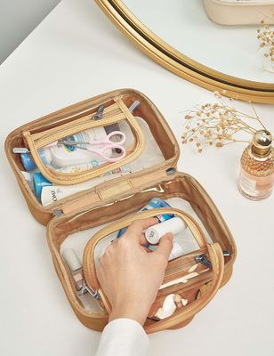 Prenda impermeable ligera bolso claro del maquillaje del bolso del artículo de tocador del viaje de 2 capas con la cremallera